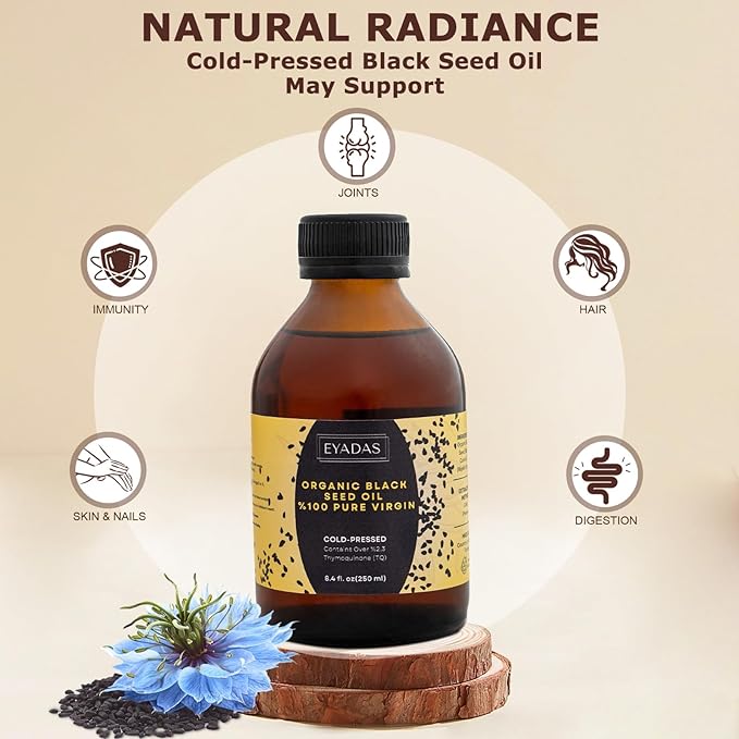 Organic Black Seed Oil 8.4 Fl Oz – 100% Turkish Cold-Pressed Nigella Sativa with 3X Thymoquinone – Pure Cumin Extract in Amber Glass Bottle for Immune Hair Skin &amp Overall Wellness