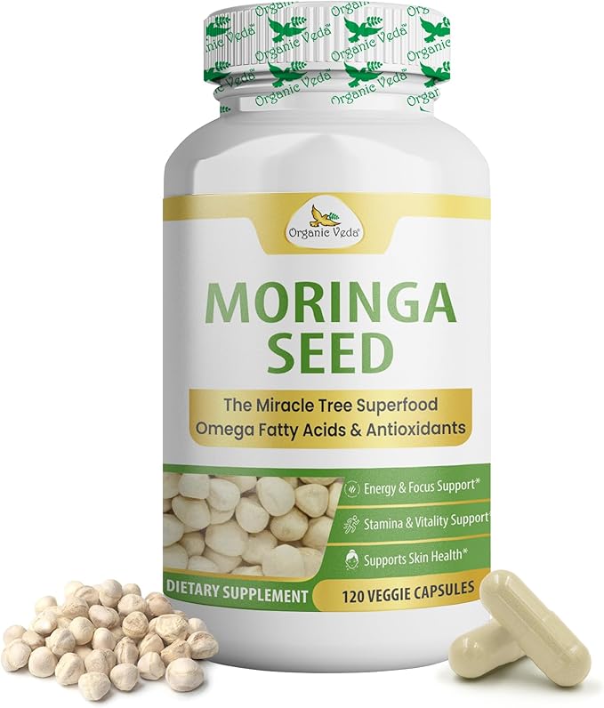 Organic Veda Moringa Seed Capsules - Omega 3 6 9 Antioxidants Vitamins Amino Protein Rich Organic Moringa Capsule - The Miracle Tree Vitality Energy &amp Focus Supplement for Men &amp Women 1
