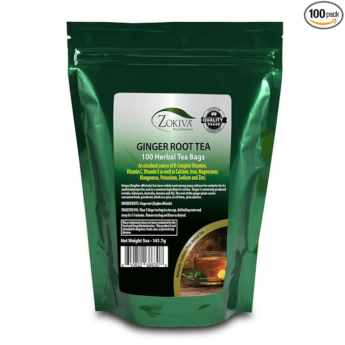 Ginger Tea Mega Pack 100 Premium Tea Bags | Pure Root All-Natural Caffeine Free Herbal Tea