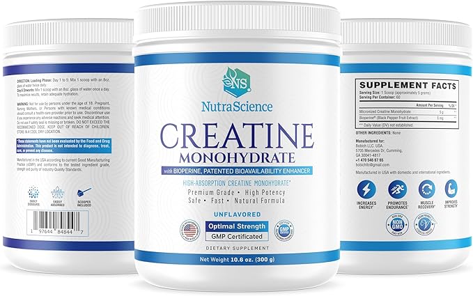 NutraScience Creatine Monohydrate Powder with BioPerine Supports Lean Muscle Growth and Recovery 60 Servings 5000mg Per Serving Unflavored GMP sertified Vegan Friendly Non GMO