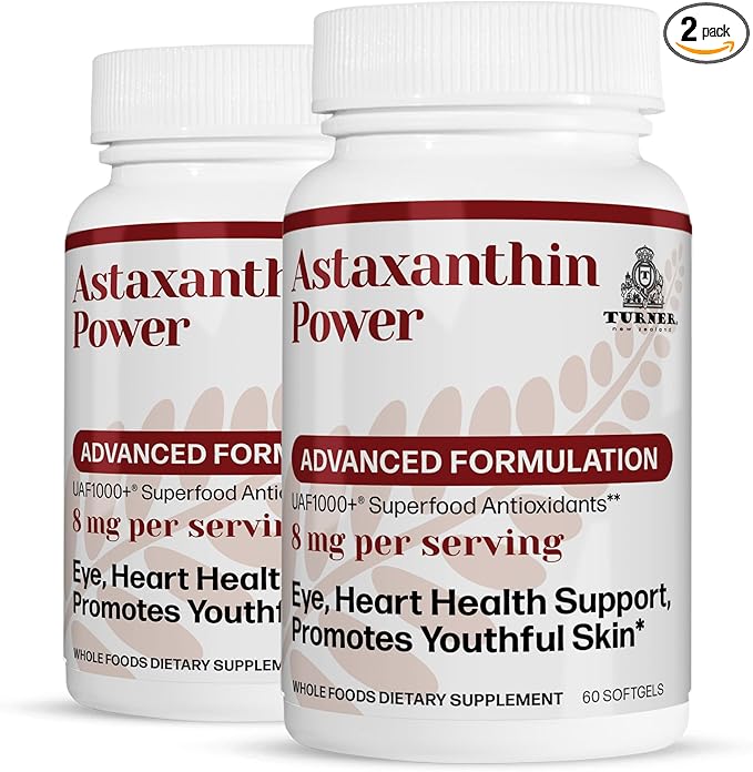 TURNER New Zealand Astaxanthin Power with UAF1000+ Antioxidant Supplement 12mg Astaxanthin 60 Servings 2 Bottle