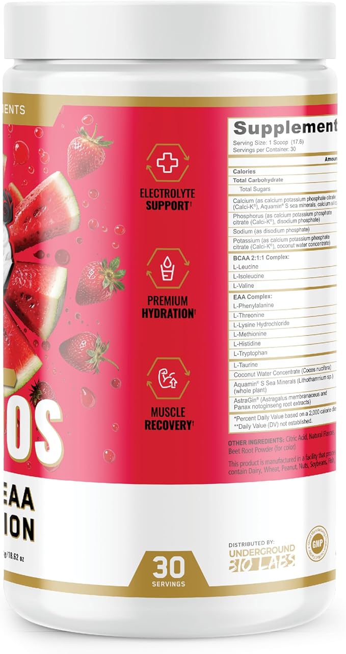 Underground Bio Labs Panda Supps Aminos | BCAA + EAA + Hydration + Eectrolytes for Men and Women with 2G Taurine and 4G EAAs (30 Servings) (Strawberry Watermelon 3.0)