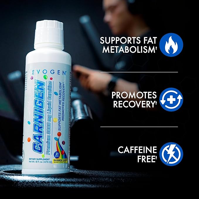 Evogen Carnigen Premium L Carnitine Liquid – L Carnitine 3000 Supplement | L Carnitine Supplement for Fat Metabolism &amp Recovery | Acetyl L-Carnitine | Caffeine Free | Rainbow Candy | 31 Servings
