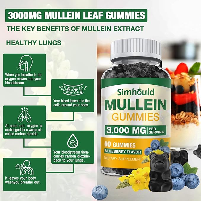 2 Pack Sugar Free 3000MG Mullein Gummies - Lung Cleanse Mullein Leaf Extract Supplement for Respiratory Organic Mullein Drops with Quercetin &amp Bromelain for Lung Digestive Health &amp Immune