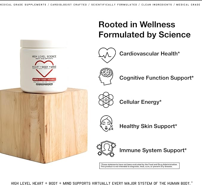 High Level Science CoQ10 Omega-3 Vitamin E - Cardiologist Formulated for Heart + Body + Mind Health with DHA/EPA Antioxidant for Energy Superior Bioavailable Fish Oil - Gluten Free (3)
