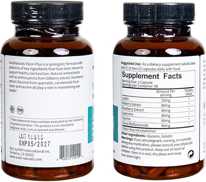 Vision Plus Eye Vitamins with Lutein 20mg Bilberry &amp Blueberry Extract - Key Antioxidants for Eye Health Support - 90 Capsules Non-GMO