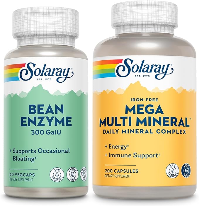 SOLARAY Bean Enzyme and Mega Multi Mineral - Digestive Enzymes for Women and Men Support Occasional Bloating - Iron Free Mineral Supplement w/Trace Minerals Electrolytes Magnesium Zinc 60/50 Serv
