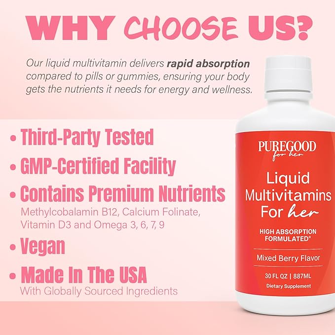 Liquid Multivitamin for Women | 70+ Nutrients High Absorption | B12 Folate Biotin Omega 3 6 7 9 | Energy Mood and Immune Support | Vegan Non-GMO Sugar Free | Mixed Berry | 60 Fl Oz