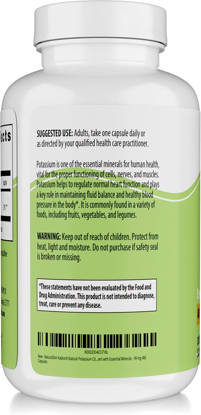 NaturalSlim Natural Potassium Citrate Gluconate 99 mg - Kadsorb Supports Electrolyte Balance &amp Normal pH - Absorbable Potassium Supplements with Essential Minerals - Non GMO 400 Capsules 2 Pack