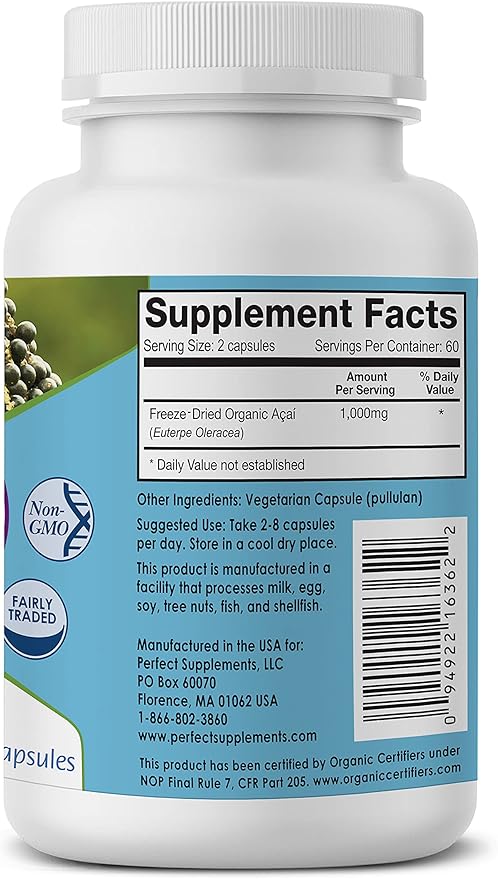 Perfect Supplements – Organically Grown Perfect Acai - Freeze-Dried Acai Supplement– 120 Vegetable Capsules