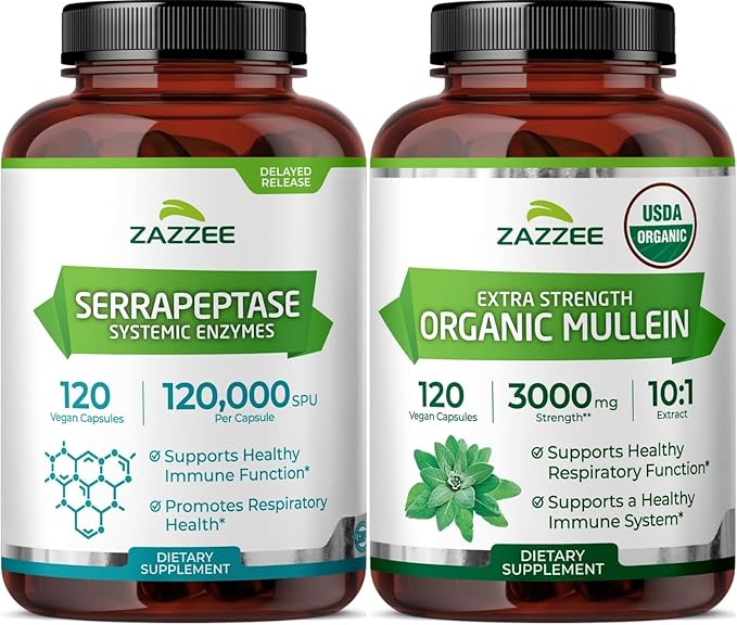 Zazzee USDA Organic Mullein Leaf Extract &amp 120000 SPU Serrapeptase Proteolytic Enzyme Capsules | Respiratory Lung Health Support Bundle (120 Servings Each)