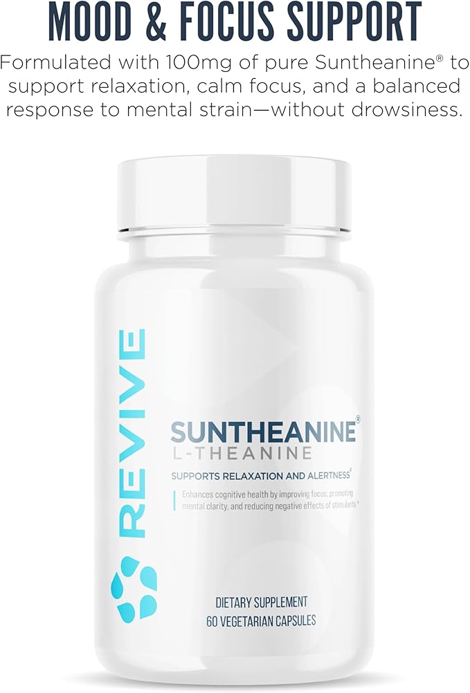 Revive MD Suntheanine L-Theanine Supplement for Men and Women - Supports Fatigue &amp Brain Function for Calm Mood Mental Clarity Focus &amp Relaxation - Vegan &amp Gluten-Free (60 Capsules 60 S