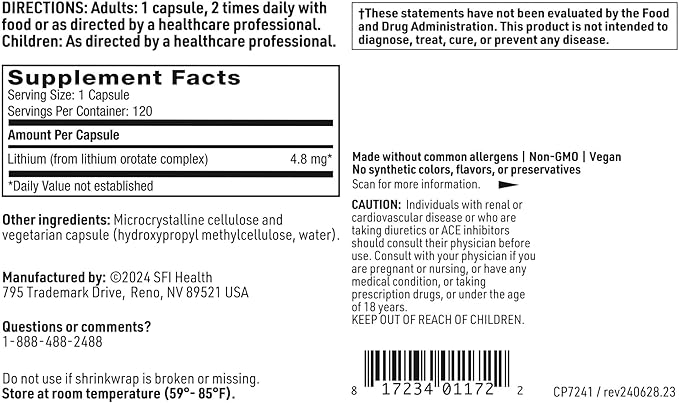 Klaire Labs SFI Health Lithium Orotate 4.8 mg - May Help Balance Mood - Bioavailable Lithium Orotate Supplement - Trace Minerals Promote Focus Memory Cognitive &amp Mood Support (120 Capsules)