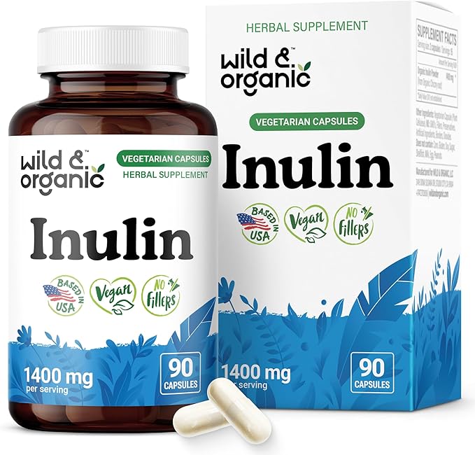 Wild &amp Organic Inulin Capsules 1400 mg - Digestive &amp Gut Support - Chicory Root Inulin Powder Supplement with Prebiotic Fiber - Vegan No Fillers Non-GMO - 90 Count