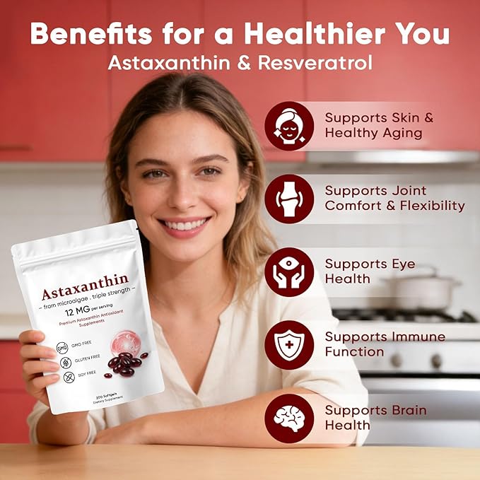 Astaxanthin 12mg Premium Astaxanthin Antioxidant Supplements Supports Eye Skin Immune Joint Internal Circulation Non-GMO Verified &amp Gluten Free - 200 Softgels