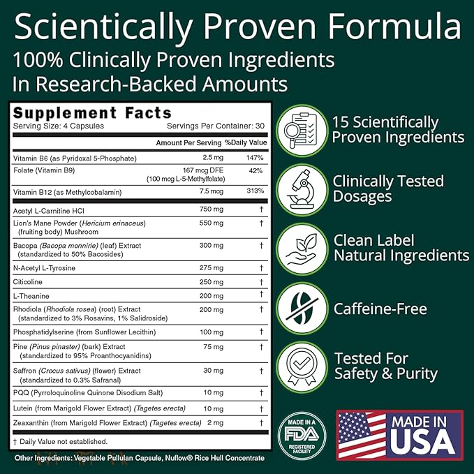 Brain Supplement (120 Capsules) | Memory Mental Clarity Focus Cognitive Performance | Nootropic Supplement with L-Theanine Acetyl L-Carnitine Phosphatidylserine Lion's Mane &amp More