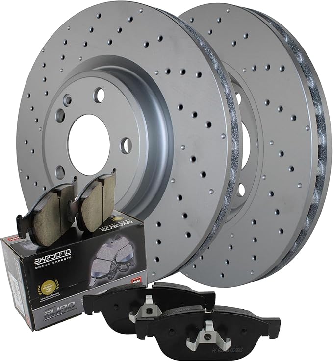 Drilled Coated Vented 320mm 5 Lugs Disc Rotors and Akebono EURO Ceramic Pads Electronic Sensors Front Brake Kit For Infiniti QX30 Benz C117 CLA250 X156 GLA250 2.0L L4 Sport Package
