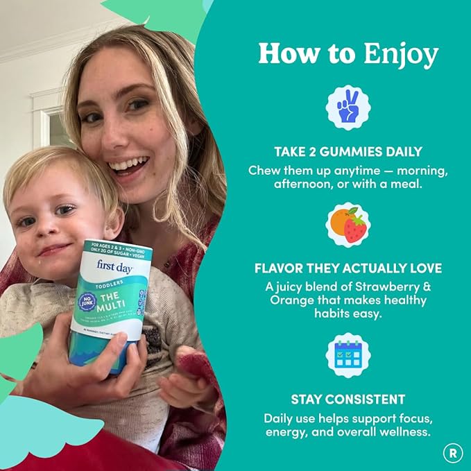FIRST DAY Toddler Multivitamin Gummies (Ages 2-3)| Kids Multivitamin Gummies with Vitamins A C D3 B2 B12 Choline Folate and 21 Organic Superfoods| (30 Day Supply)