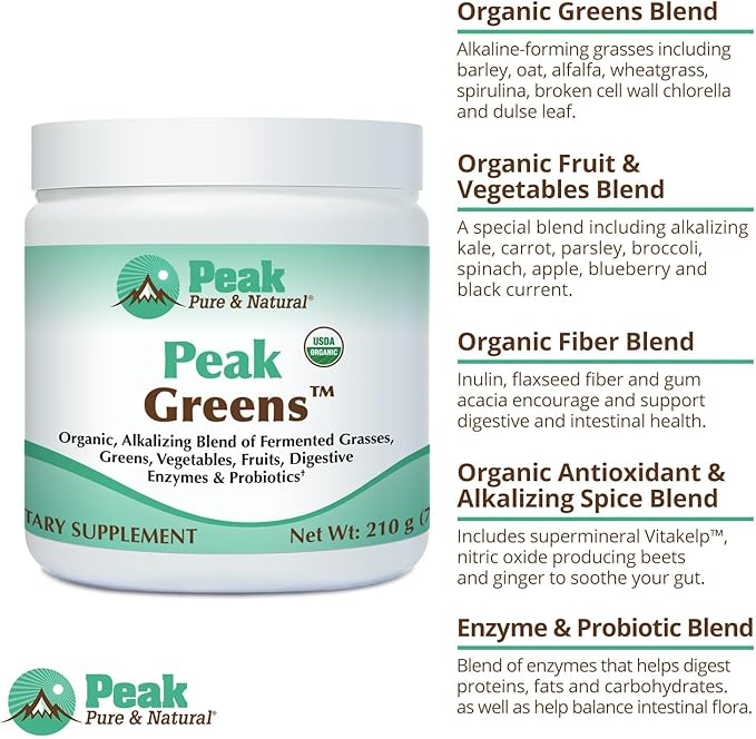 Peak Pure &amp Natural Peak Greens Support pH Balance and Alkalinity | Superfood Green Drink Powder | Blend of Fermented Grass Vegetable &amp Fruit | Digestive Enzyme &amp Probiotic Powder