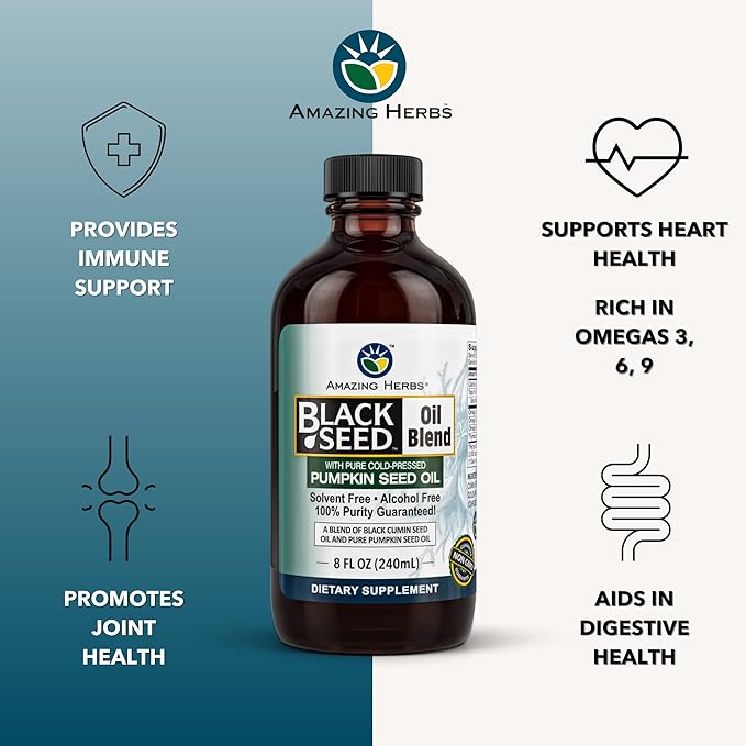 Amazing Herbs Black Seed and Pumpkin Seed Cold-Pressed Oil Blend - Gluten-Free No Preservatives High in Omega 3 6 &amp 9 Improves Immune Respones &amp Promotes Digestive Health - 8 Fl Oz