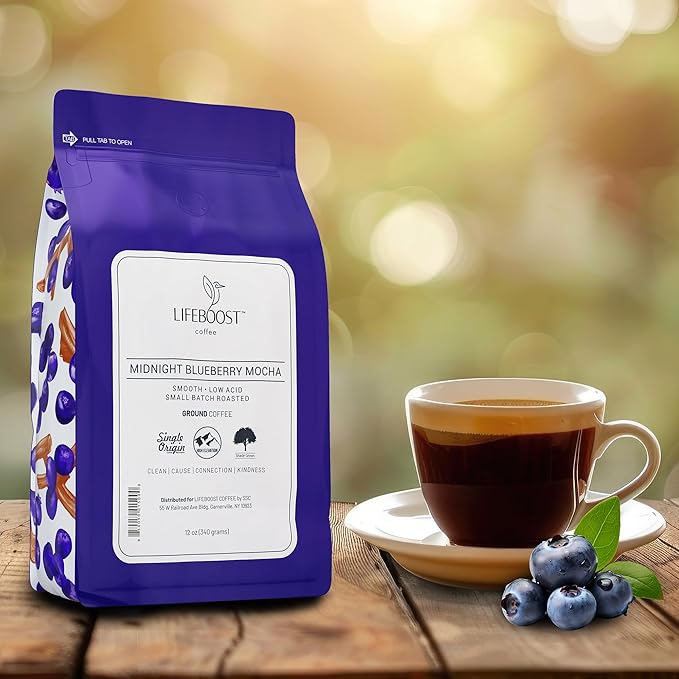 Lifeboost Midnight Blueberry Mocha Ground Coffee - Low Acid Single Origin Coffee - Non-GMO Wild Blueberry Coffee Grounds Third Party Tested For Mycotoxins &amp Pesticides - 12 Ounces