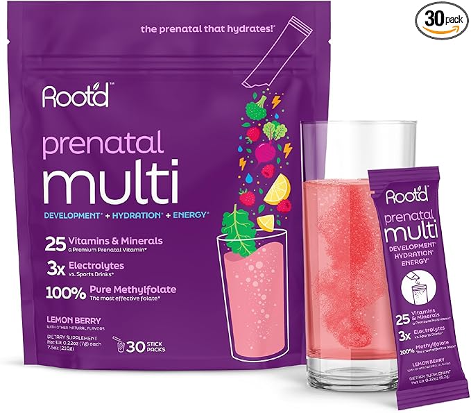 Root'd Prenatal Multivitamin Powder - 25 Vitamins &amp Minerals with 3x Electrolytes Folate Iron D3 for Mom &amp Baby 7 Superfood &amp Probiotics Sugar-Free Vitamins &amp Hydration | 30 Vitam