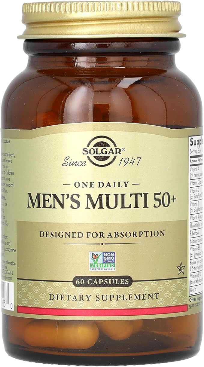 Solgar One Daily Men's Multi 50+ Whole Body Support for Men 50 and Older Highly Absorbable Delayed Release Heart Energy Stress Muscle Bone Prostate Support Vitamin 60 Vegan Capsules 60 Servings