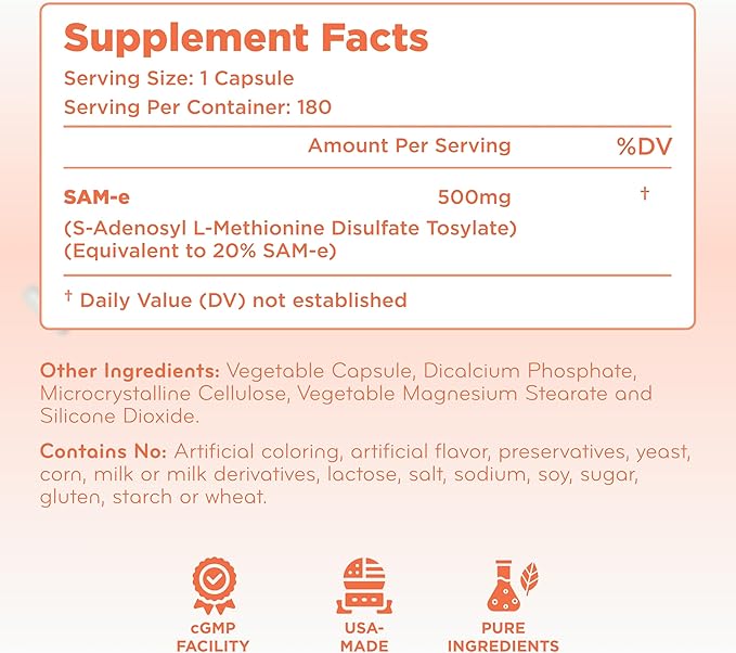 Bioactive SAM-e 500mg - High Strength SAM-e Supplement with Biologically Active SS Form for Liver and Mood Support - Vegan Non-GMO Preservative Free - Made in the US (180 Servings)