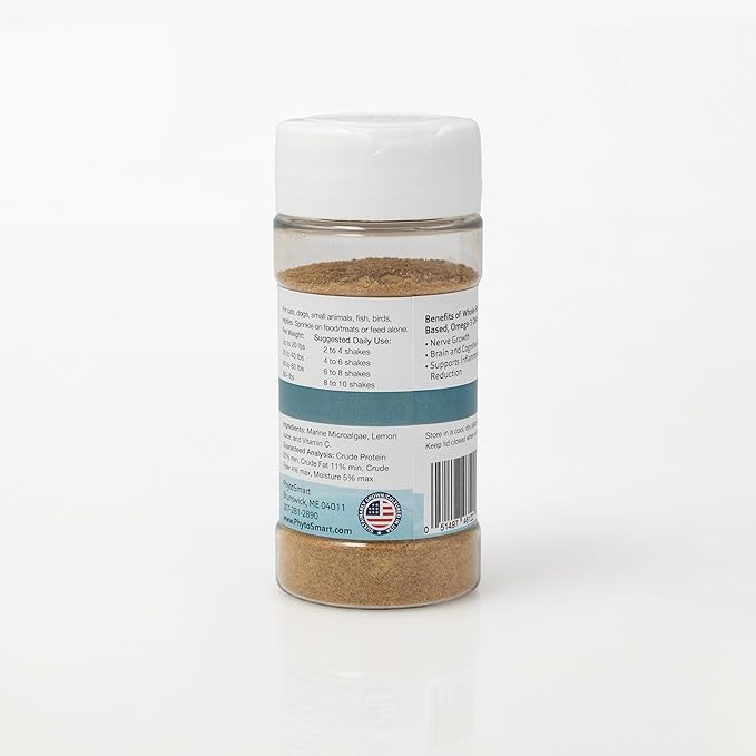 Omega-3 Krumble DHA for Pets in 70 Gram Shaker Top Jar. Pure Un-extracted Marine Micro-Algae Providing Pets Complete Whole Food derived Essential Fatty Acids for Total Body Support.