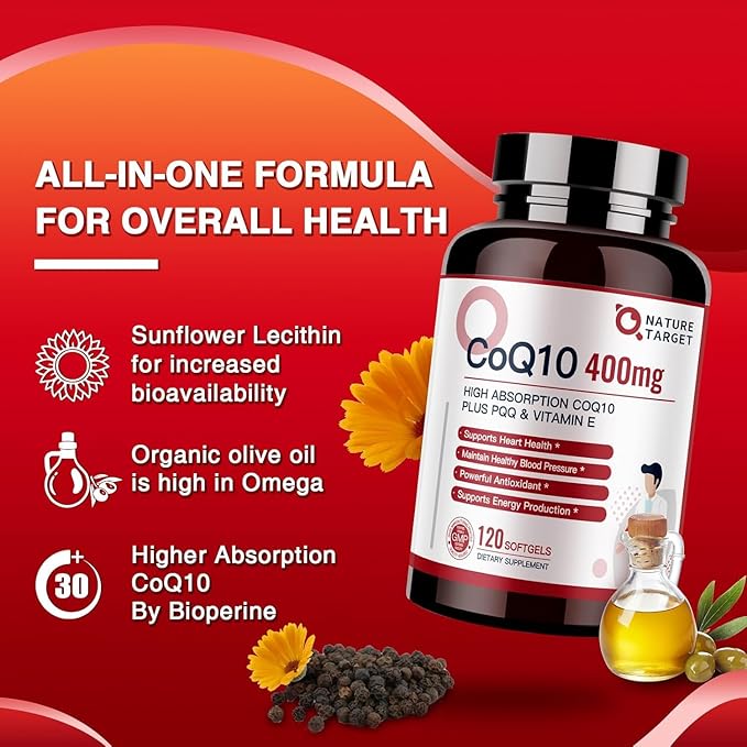 NATURE TARGET CoQ10-400mg Plus PQQ with Vitamin E &amp Organic Olive Oil - Coenzyme-Q10 with BioPerine - High Absorption Antioxidant-for-Heart-Health and Energy Production120 Servings