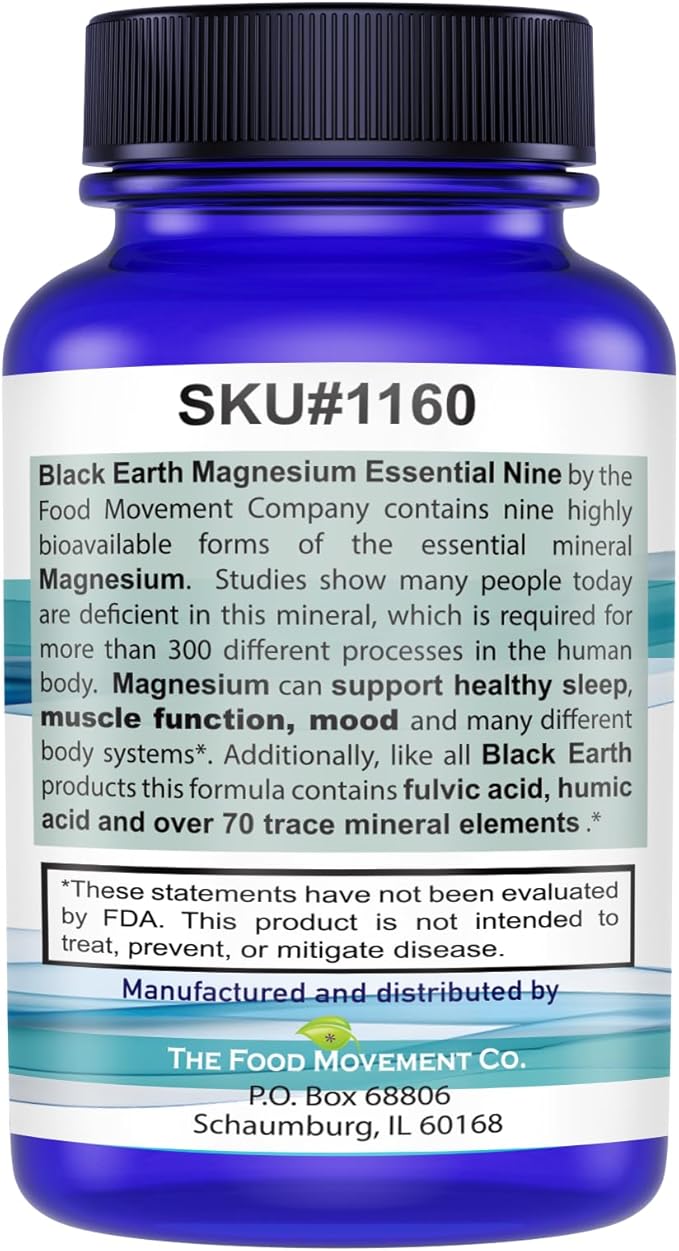 The Food Movement Co. Black Earth Magnesium Essential Nine - Magnesium Glycinate Citrate Malate and More - 9 Bioactive Forms for Optimal Health (60 Count)