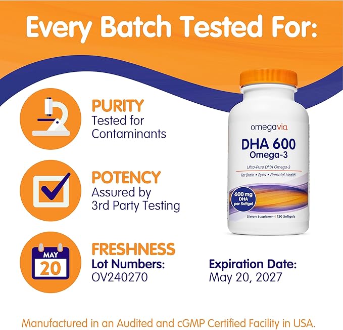 OmegaVia DHA 600 mg Ultra Pure Omega-3 DHA Supplements for Brain and Eyes DHA Prenatal Vitamins for Women Burpless Fish Oil Omega 3 IFOS Tested 120 Softgels