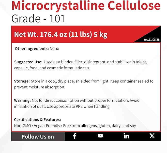 Microcrystalline Cellulose Powder Type 101-5 kg (11 lb) - Tablet Binder Direct Compression DC Excipient Filler