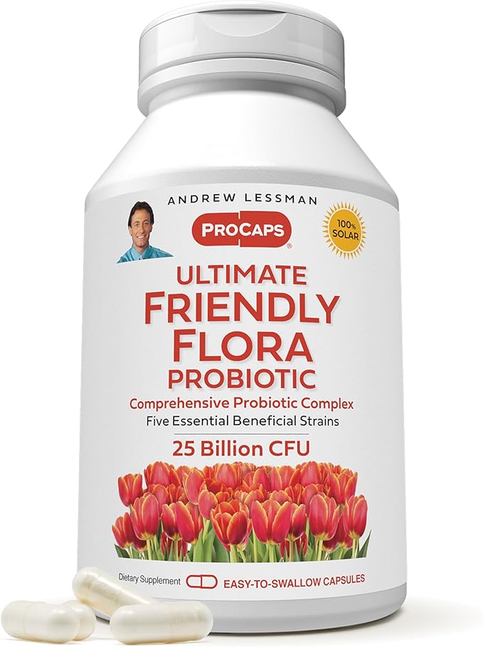 ANDREW LESSMAN Ultimate Friendly Flora Probiotic 60 Capsules - 25 Billion CFU Comprehensive Blend of Five Probiotic Strains Powerful Immune and Digestive Support. Probiotics for Women or Men