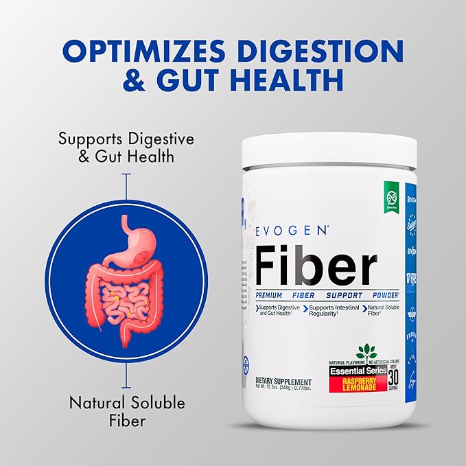 Evogen Fiber - Premium Fiber Powder Supplement | No Bloat Constipation &amp Gut Health Support | Natural Raspberry Lemonade| 30 Servings