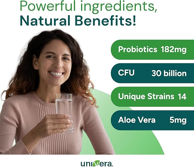 Univera Probiotics Probiotics and Prebiotics 30 Billion CFUs with Organic Aloe Vera -14 Strains Digestive Enzymes for Adults - Vegan AloeBiotics 60ct.