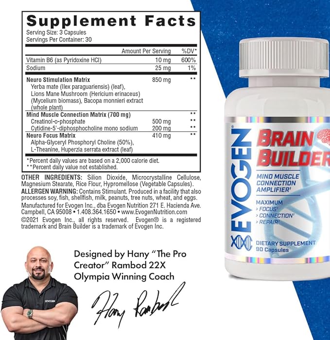 Evogen Brain Builder - Mind-Muscle Connection Amplifier | Boosts Focus Concentration &amp Connection | Lions Mane Bacopa Monnieri Alpha-GPC | 90 Capsules