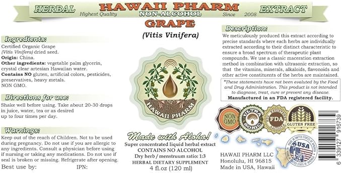 Hawaii Pharm Grape Alcohol-Free Liquid Extract Grape (Vitis Vinifera) Dried Seed Glycerite Natural Herbal Supplement 4 oz