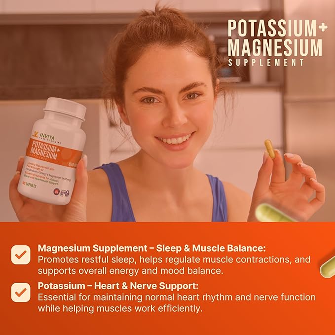 Invita Potassium Magnesium Supplement (90 Capsules) High Absorption Potassium Magnesium Complex with Aspartate &amp Chloride - Supports Cardiovascular Muscles &amp Nerve Health - Non GMO &amp Glut