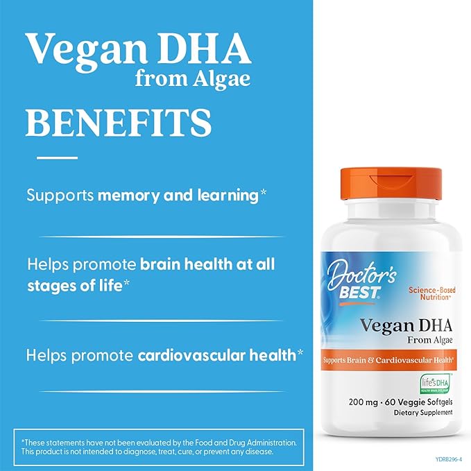 Doctors Best Vegan DHA from Algae - Vegan Plant Based Omega 3 Supplement for Women &amp Men Supports Memory Brain &amp Cardiovascular Health Non-GMO Gluten Free Soy Free - 60 Veggie Softgels