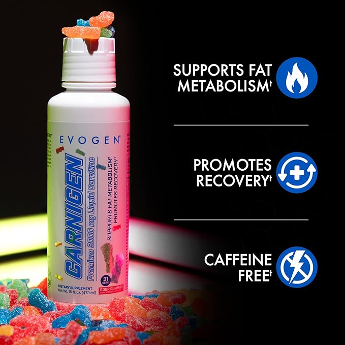 Evogen Carnigen Premium L Carnitine Liquid – L Carnitine 3000 Supplement | L Carnitine Supplement for Fat Metabolism &amp Recovery | Acetyl L-Carnitine | Caffeine Free | Sour Gummies | 31 Servings