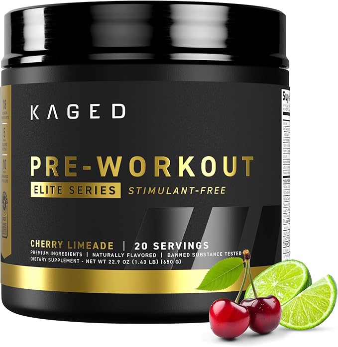 Kaged Pre Workout Elite Stim Free Powder | Cherry Limeade | Creatine Beta Alanine L-Citrulline | No Caffeine | 20 Servings