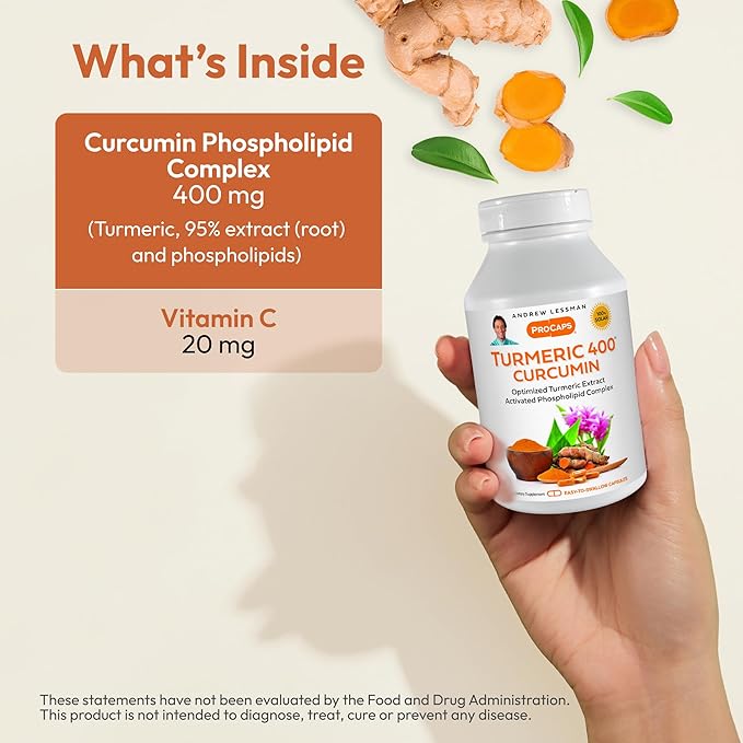 ANDREW LESSMAN Turmeric 400mg - 60 Capsules - 95% Curcuminoids as Phospholipid Complex for Optimum Benefits and Absorption High Potency Standardized Extract Small Easy to Swallow Capsules