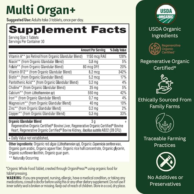 Multi Organ+ – Regenerative Organic Certified Grass-Fed Liver Supplement – Natural Source of Iron Vitamin A &amp B12 – Supports Energy Detox &amp Metabolic Health – 90 Capsules