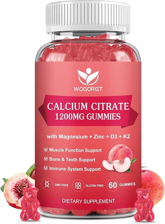 Calcium Citrate 1200mg Gummies with Vitamin D3 K2 - Chewable Calcium Magnesium Zinc d3 Supplement with Sea Moss Extract for Bone Teeth Immune Support for Women &amp Men White Peach Flavor - 60 Gum