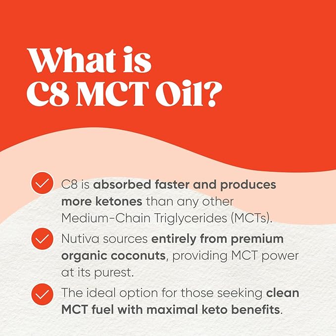 Nutiva Organic Liquid MCT Oil C8- Unflavored - Perfect for Coffee Shakes Salads and More - Great for Vegan Whole Paleo and Keto Diet - Extracted From Coconut - 12floz