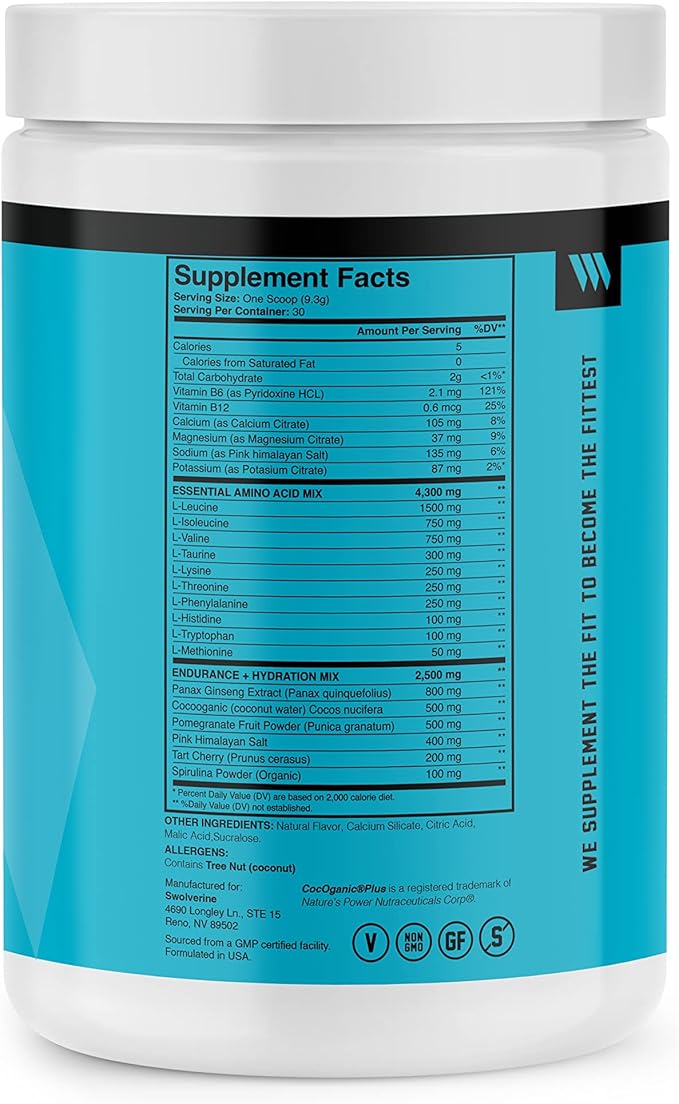 Swolverine Intra | Essential Amino Acids Electrolytes Coconut Water Pomegranate Tart Cherry Spirulina Vegan Non-GMO Gluten Free (30 Servings Tropical Blast)