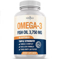Triple Strength Omega 3 Fish Oil 3750 mg - EPA &amp DHA - Over 3000mg Omega-3 Fatty Acids - 1350mg EPA + 900mg DHA - Best Essential Fatty Acids Burpless Fish Oil - 90 Count