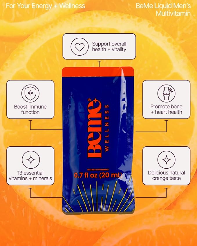 BeMe Liquid Multivitamins for Men - Advanced Liquid Delivery System with 13 Vitamins &amp Minerals - Tear &amp Go Sachets Non-GMO Orange Flavor (30 Sachets)