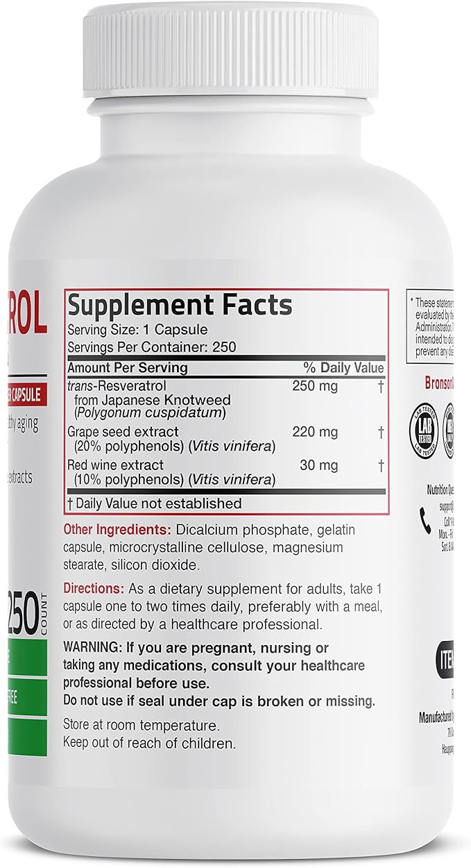 Bronson Resveratrol 500 Complex Standardized Trans-Resveratrol + Grape Seed &amp Red Wine Extract 250 Capsules